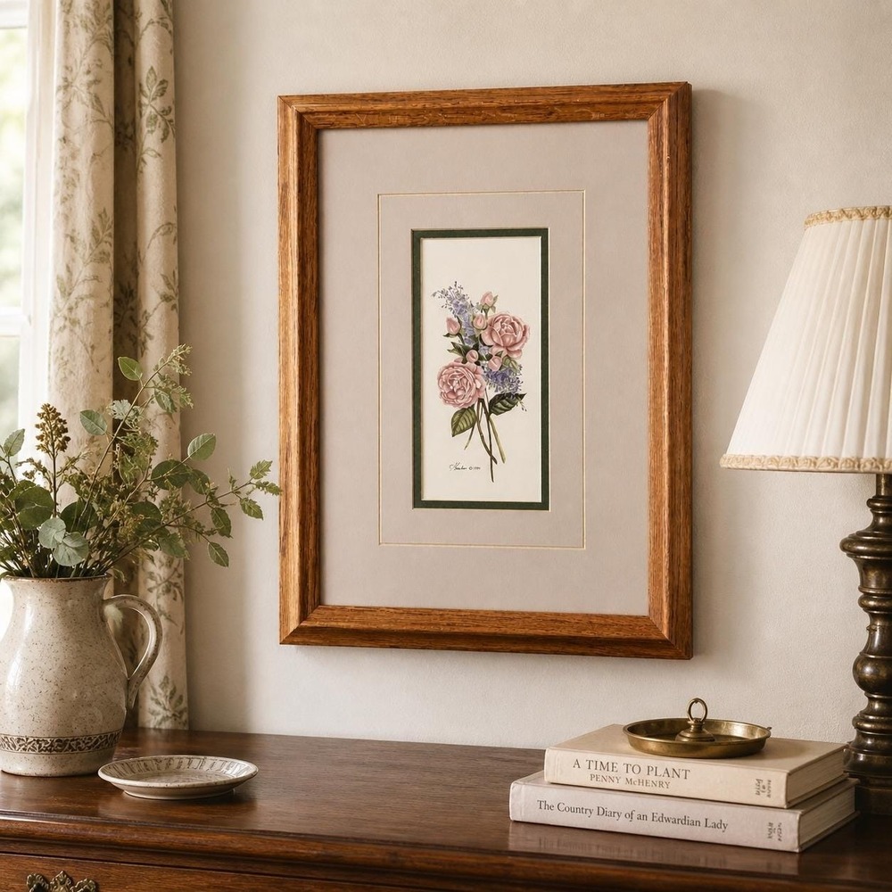 Signed Botanical Rose Framed Print 1991 - Pink Floral Cottagecore Wall Art